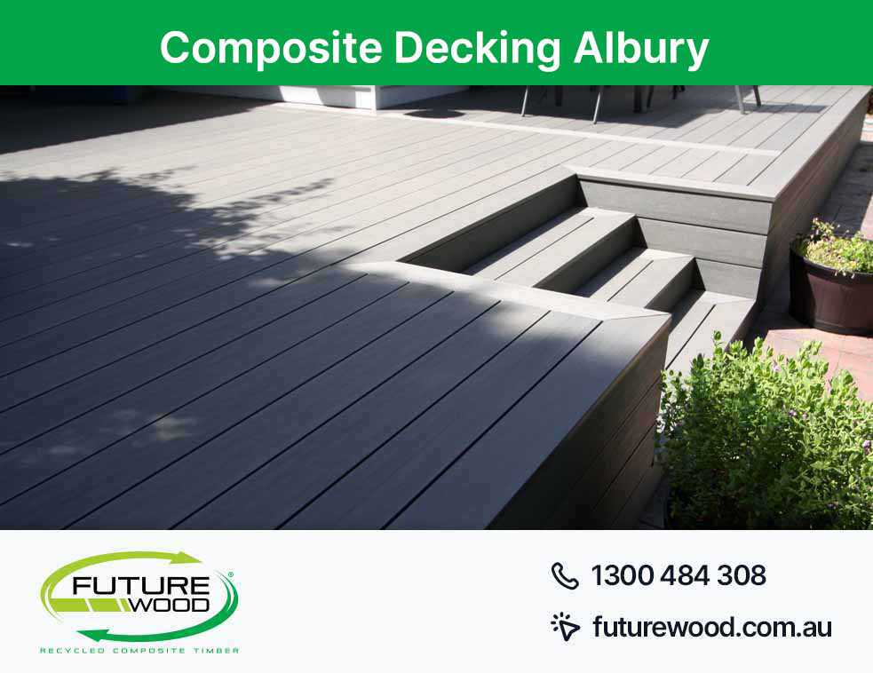 Image of composite decking board steps and a potted plant in Albury