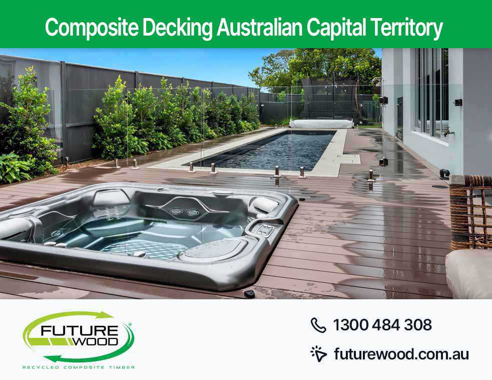 Image of hot tub and pool combo, nestled on a composite deck boards in Australian Capital Territory