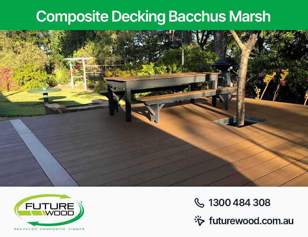 A picnic area in Bacchus Marsh on a deck with composite decking boards, benches and a table