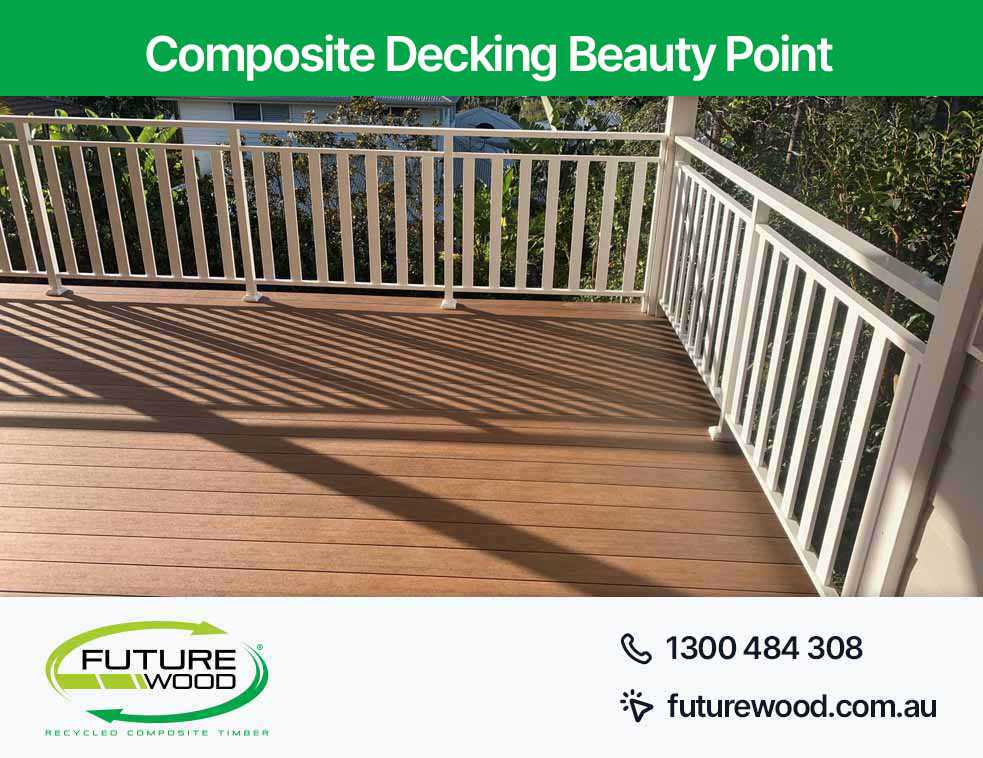 Image of white railings on a deck made of composite decking boards in Beauty Point