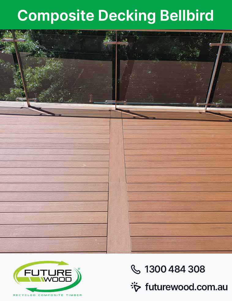 Picture of a deck with a glass railing, made of composite decking boards in Bellbird