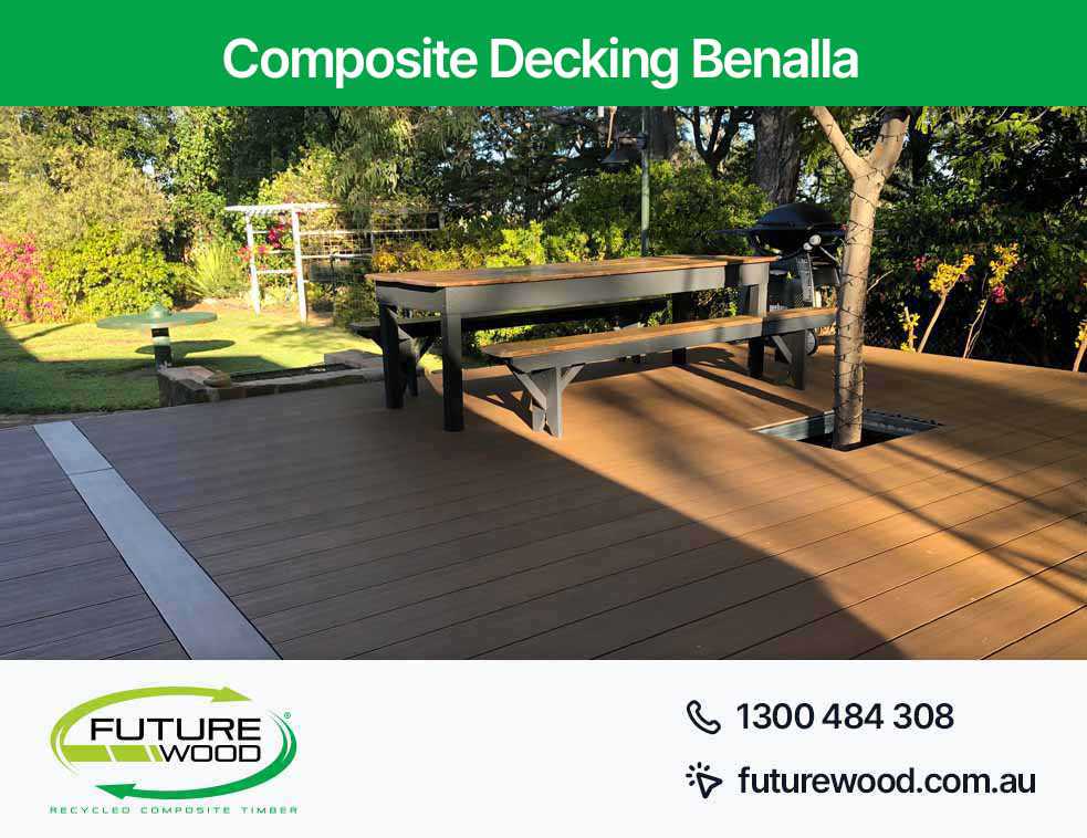 Picture of deck made up of composite decking boards with benches and a table in Benalla