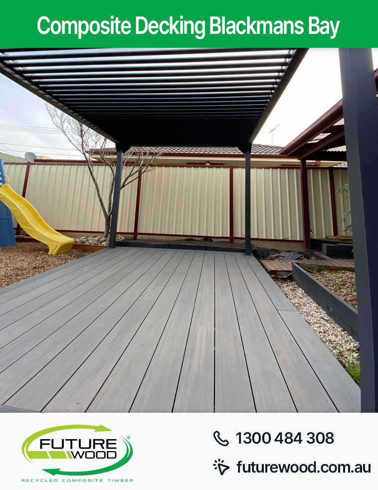 Photo of a metal pergola in Blackmans Bay shading a composite decking boards