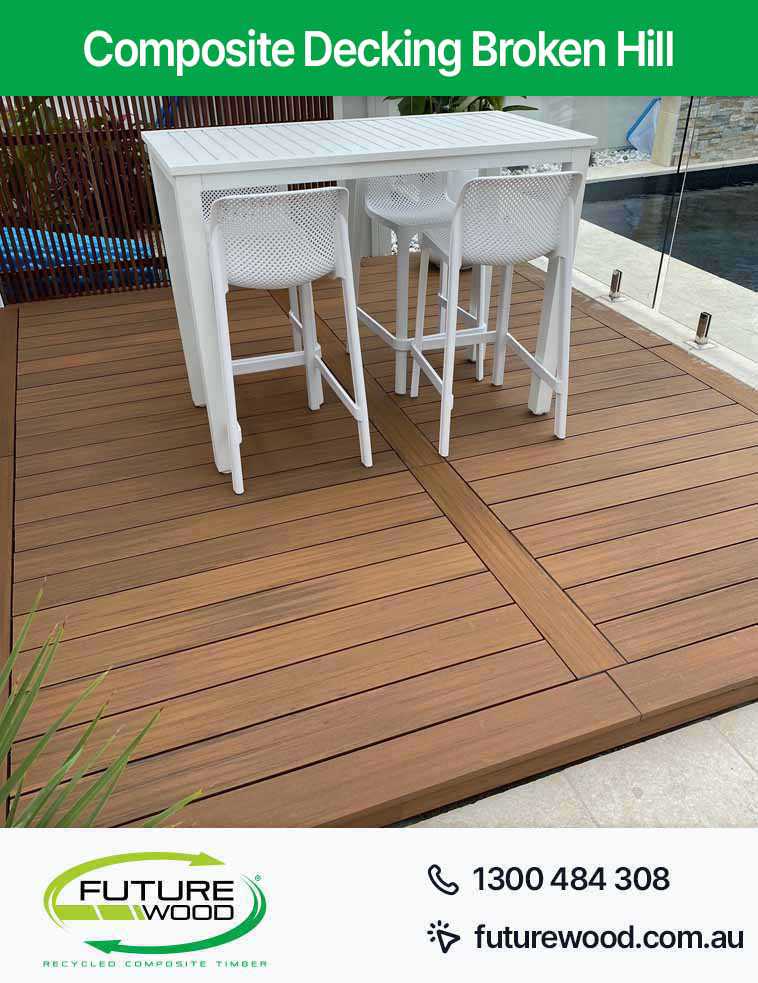 A deck with white chairs and a table, made of composite decking boards in Broken Hill