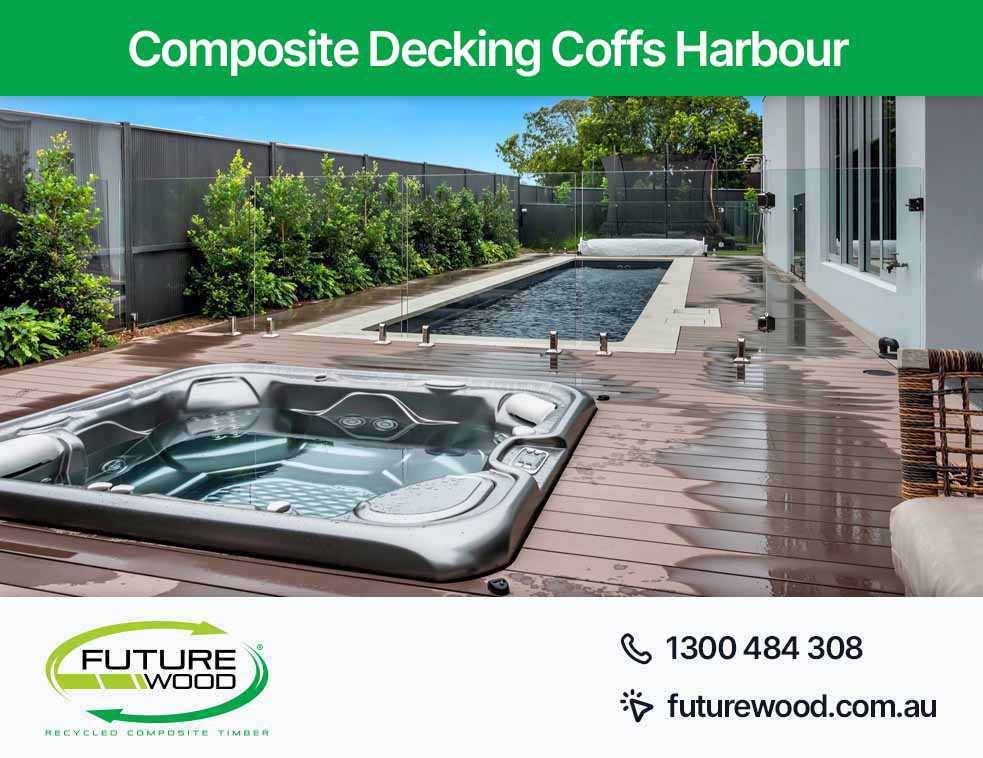Picture of a luxurious hot tub and pool on a composite decking boards in Coffs Harbour