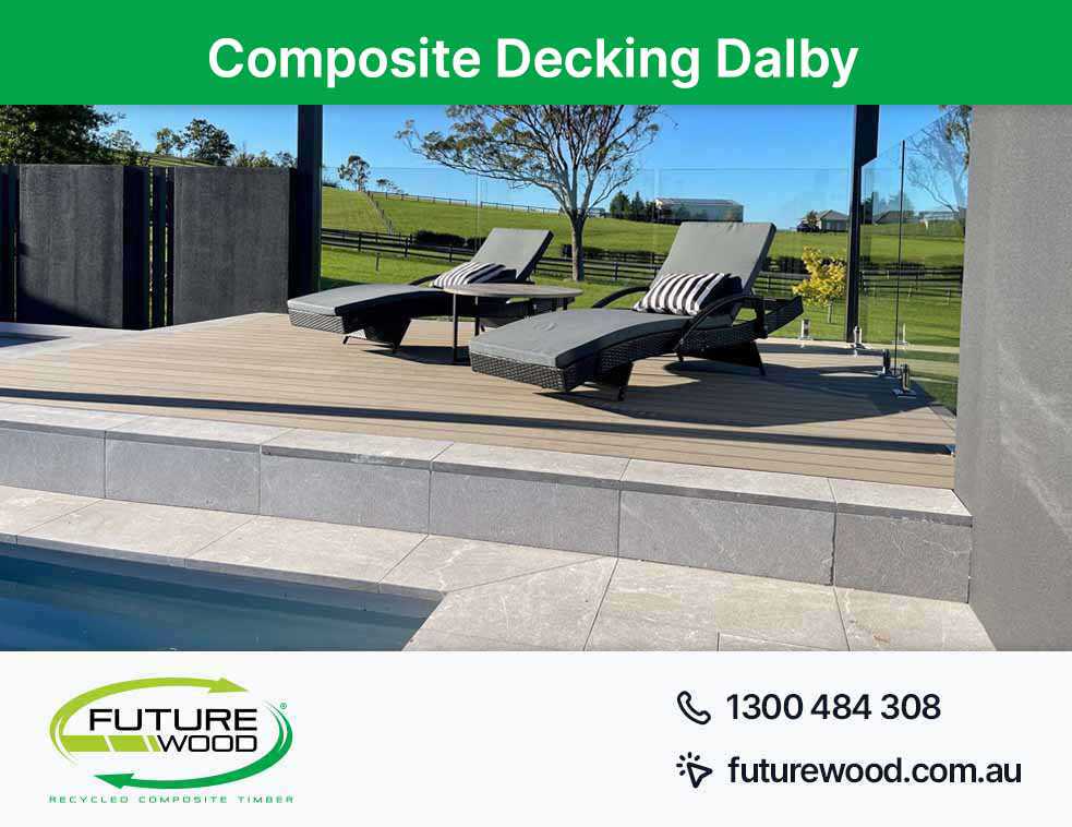 Image of a serene pool in Dalby with lounge chairs and a floor made of composite decking boards