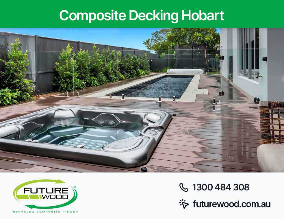 Picture of a luxurious hot tub and pool on a composite decking boards in Hobart