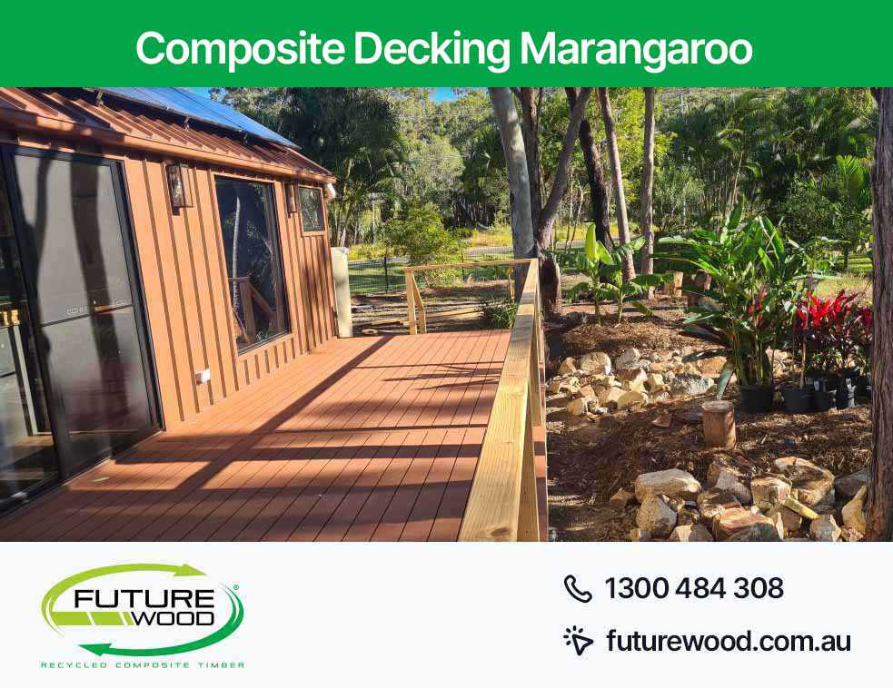 A deck made up of eco-friendly composite decking boards featuring a solar panel in Marangaroo