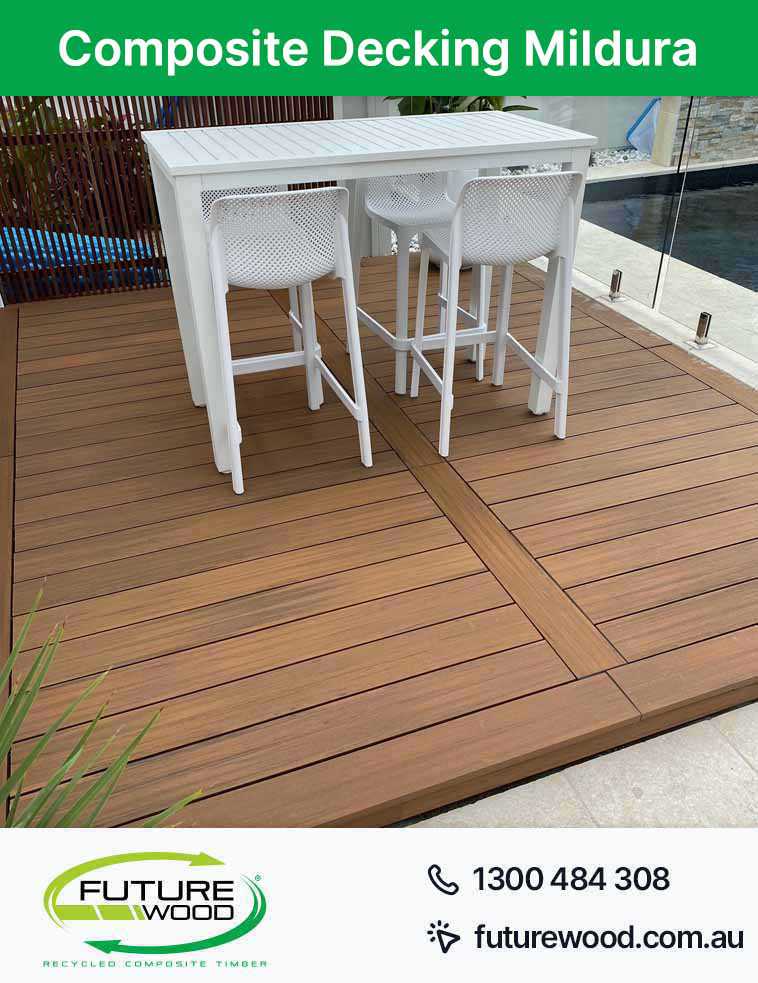A deck with white chairs and a table, made of composite decking boards in Mildura