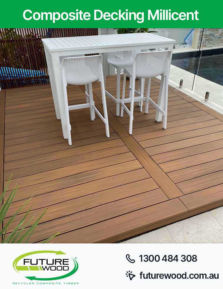 A deck with white chairs and a table, made of composite decking boards in Millicent
