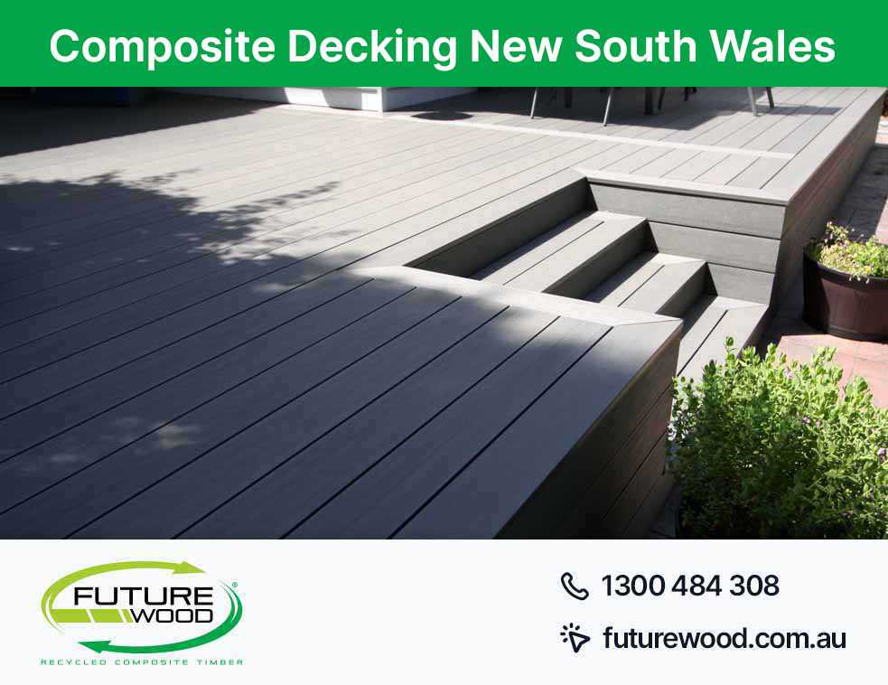 Picture of composite deck board steps leading to a potted plant in New South Wales