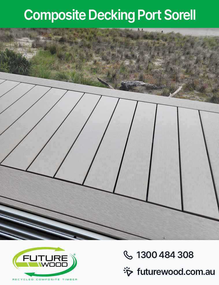 Image of balcony overlooking beach made with composite deck boards in Port Sorell