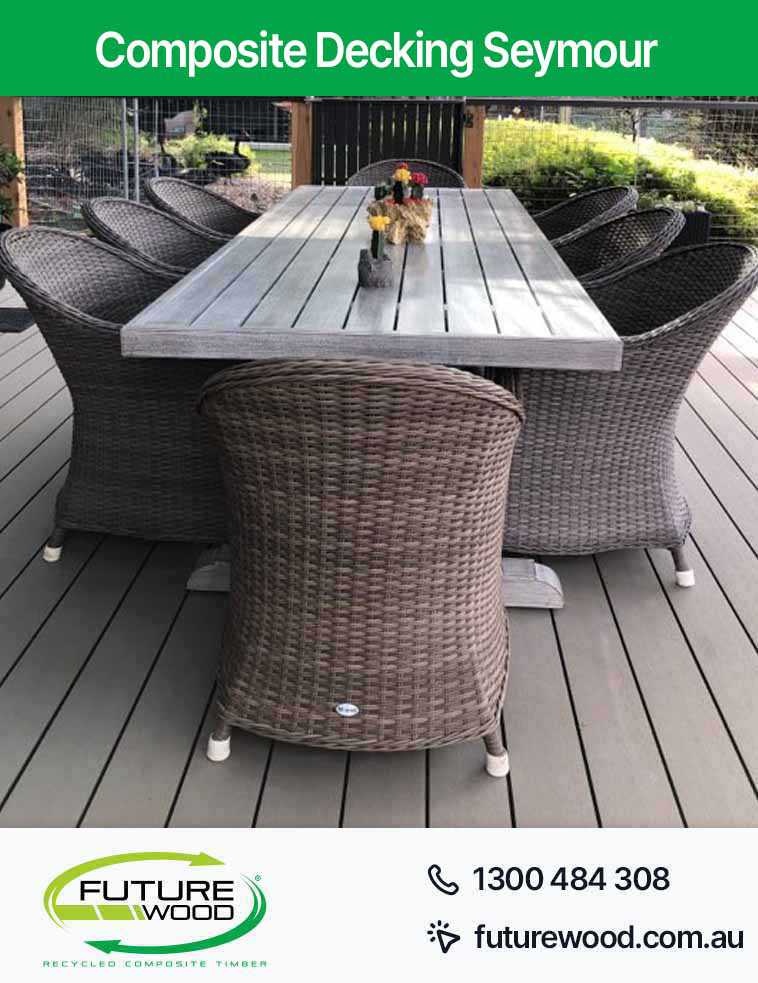 Picture of table and chairs on a deck made of composite decking boards in Seymour