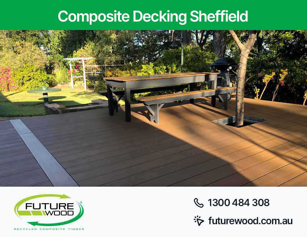 A picnic area in Sheffield on a deck with composite decking boards, benches and a table