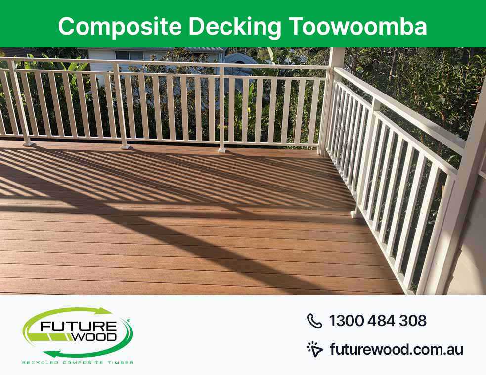 A deck in Toowoomba made of composite deck boards featuring white railings