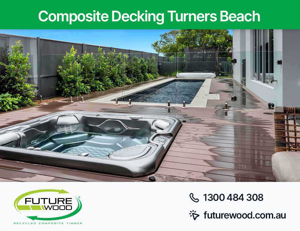 Picture of a luxurious hot tub and pool on a composite decking boards in Turners Beach