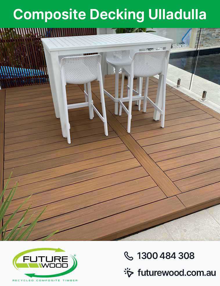 Image of outdoor furniture on a composite deck boards, featuring white chairs and a table in Ulladulla