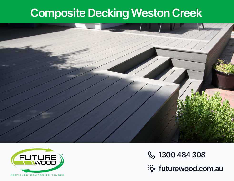 Picture of composite deck board steps leading to a potted plant in Weston Creek