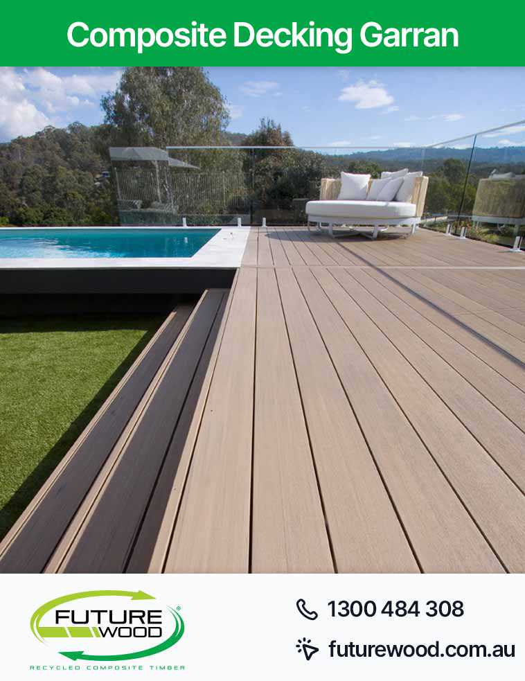 Photo of pool and lawn with composite decking boards at Garran