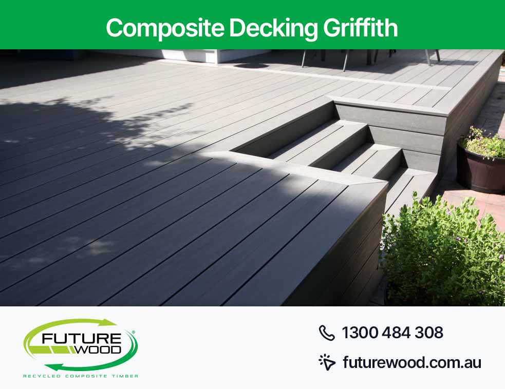 Image of a poolside deck in Griffith with composite decking boards and steps
