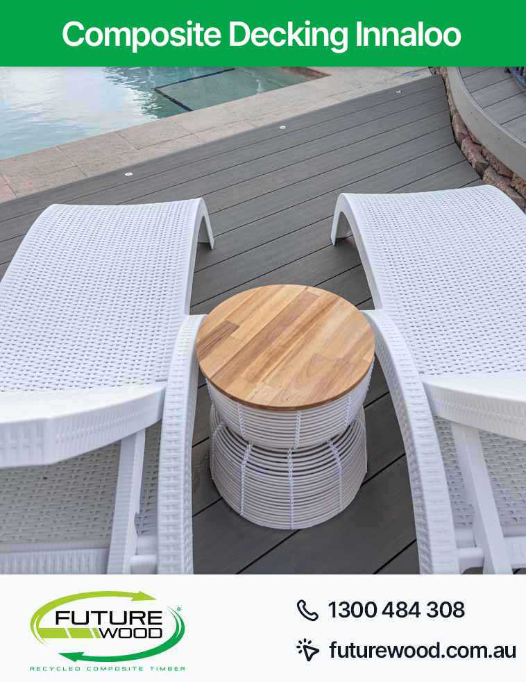 Photo of white lounge chairs on a composite deck boards next to a pool in Innaloo