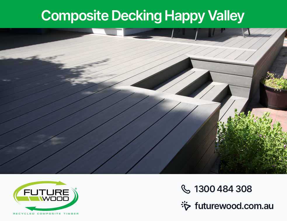 Image of a poolside deck in Happy Valley with composite decking boards and steps